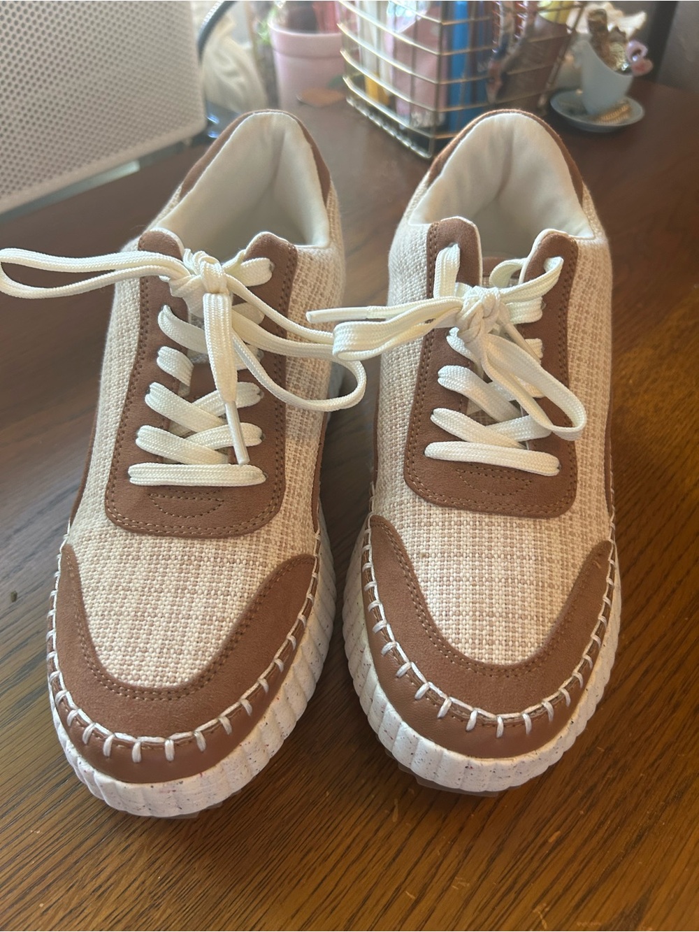 Casual Women's Cream and Brown Lace-Up Platform Sneakers
